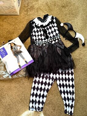 New Suit Yourself Punky Jester Girls Costume L 12-14 Black White Dress halloween